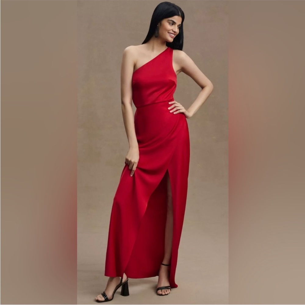 BHLDN Dylan One Shoulder Satin Side Slit Dress 10